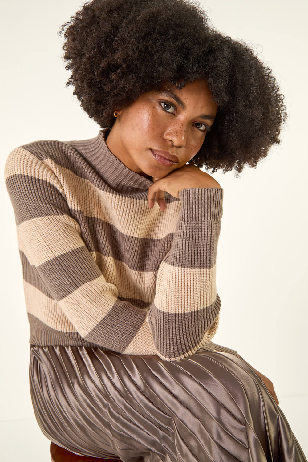 Tan Stripe Knit Pleated Dress, Image 3 of 5