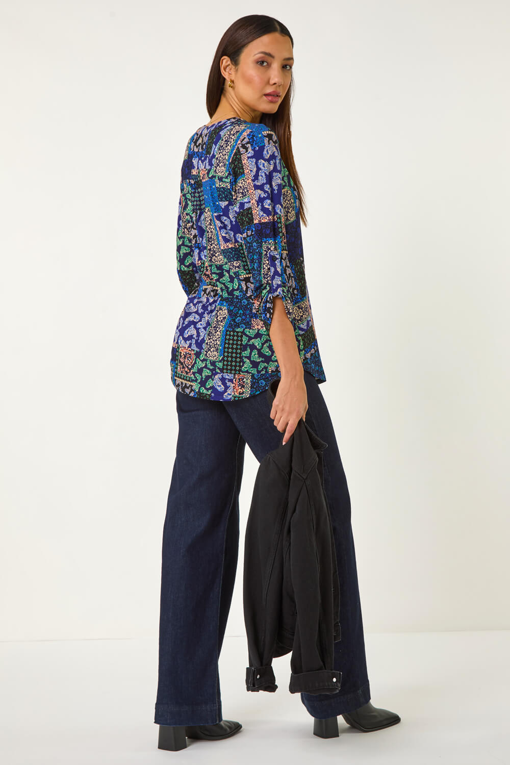 Navy Paisley Contrast Print Stretch Top, Image 4 of 5