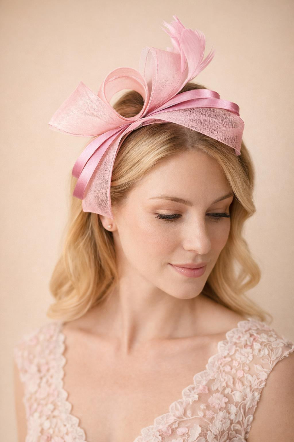 Pink Bow Shaped Fascinator With Satin Loops & Feathers