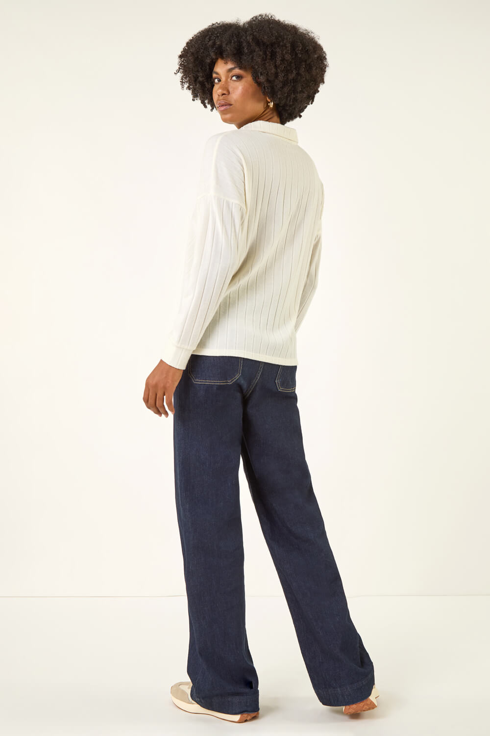 Cream Ribbed Collared Stretch Top, Image 4 of 5