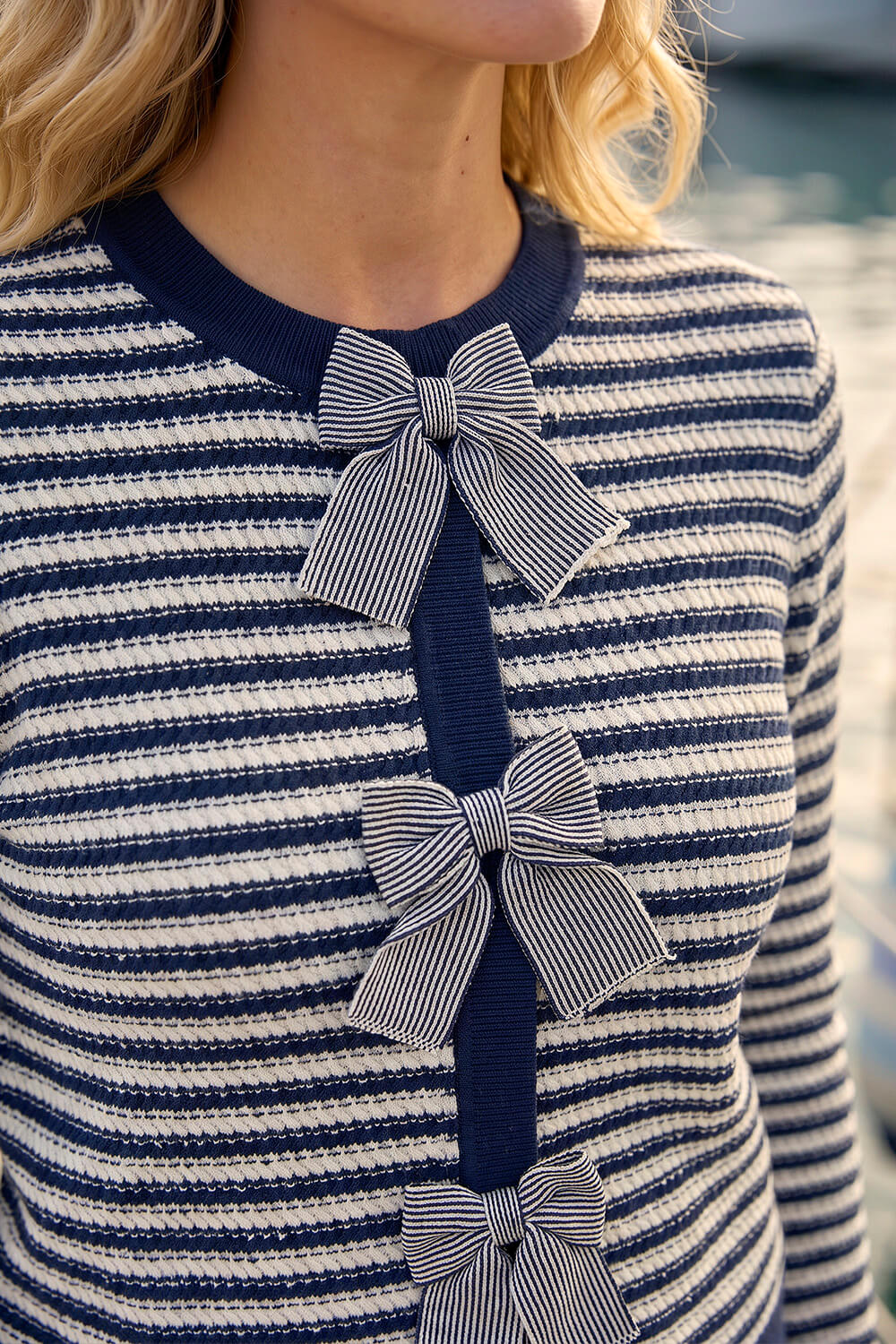 Navy Stripe Bow Front Knit Jumper, Image 5 of 4