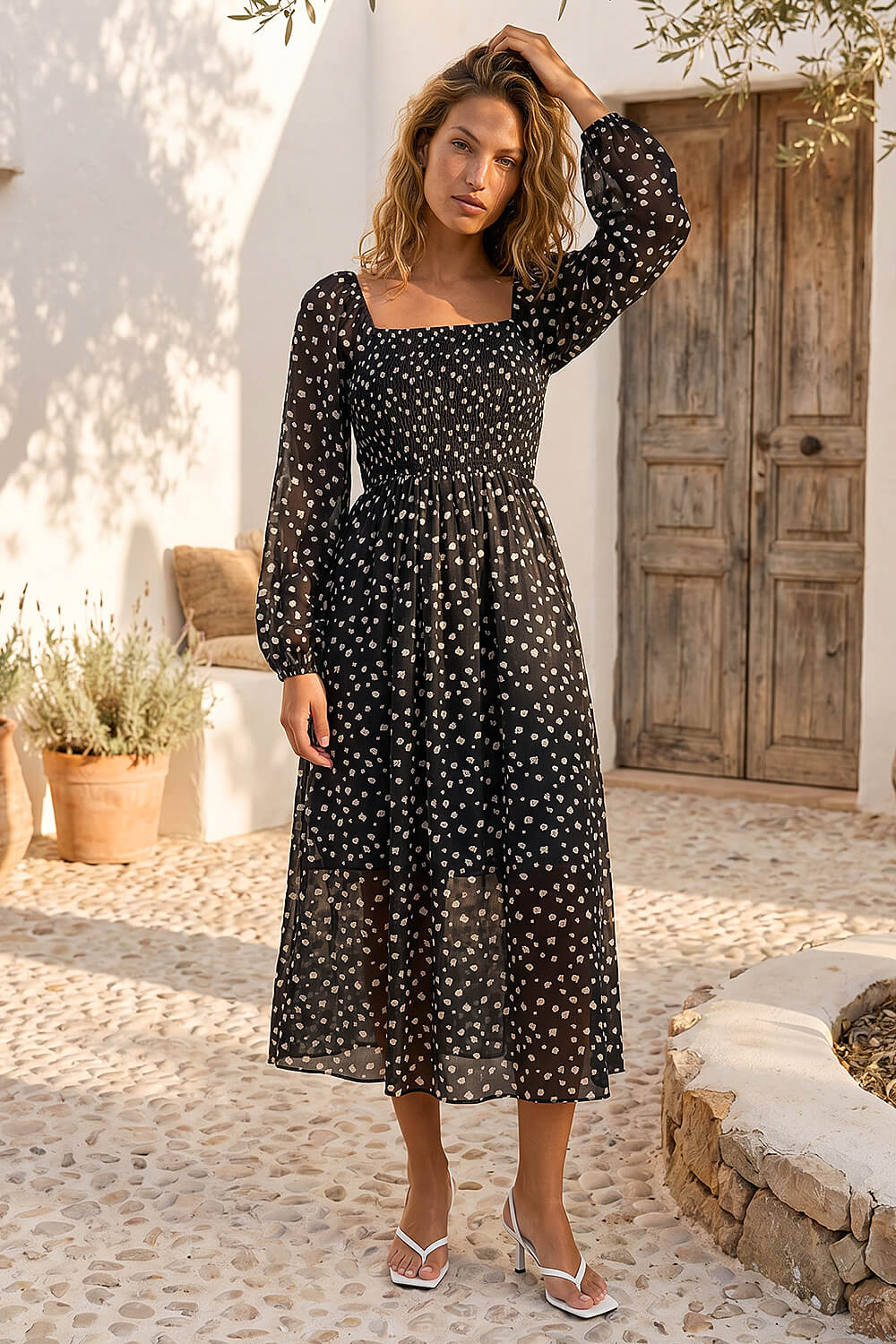 shirred polka dot midi dress Self Portrait Shirred Polka Dot Midi Dress