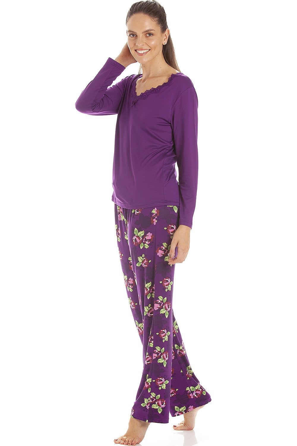 Purple Camille Lingerie Purple Lightweight Floral Print Spandex Pyjama Set, Image 2 of 5
