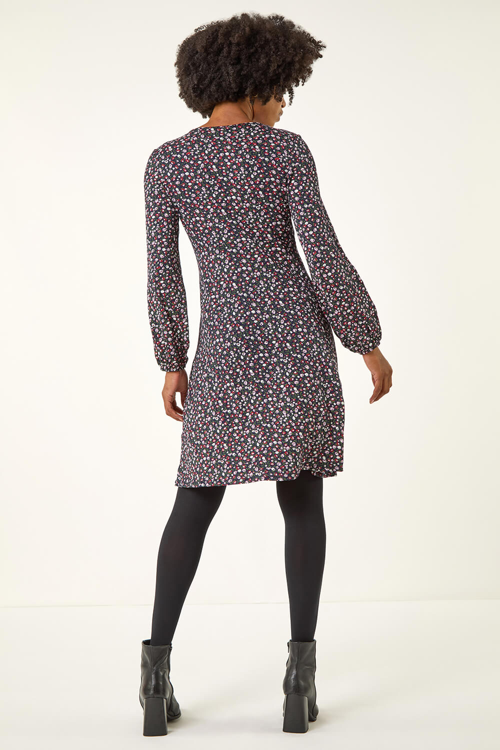 Navy Ditsy Floral Print Stretch Dress, Image 5 of 5