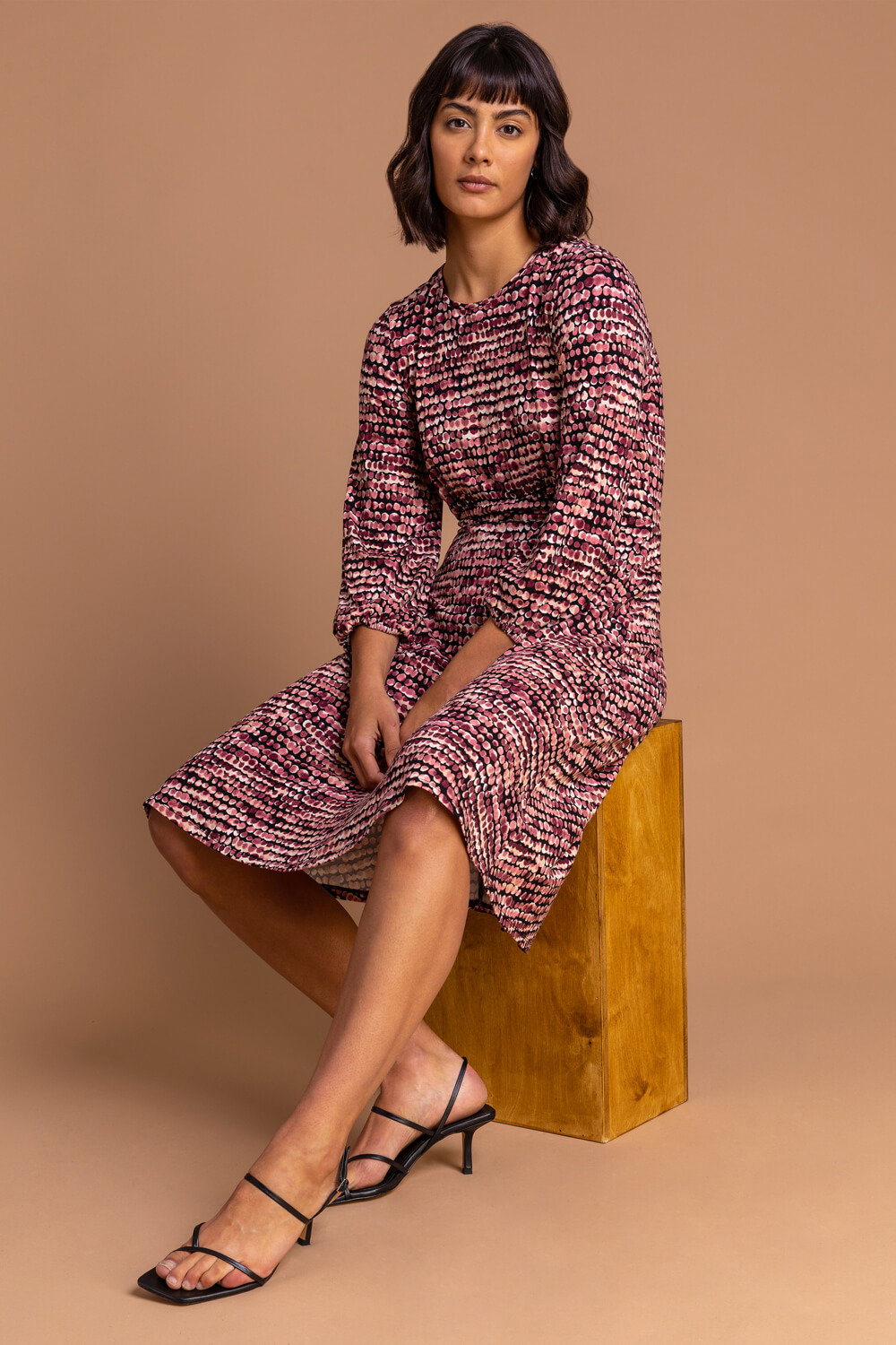 Abstract Spot Fit & Flare Tea Dress in Rose - Roman Originals UK