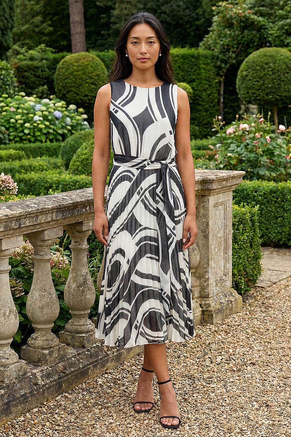 White Petite Print Tie Waist Pleated Dress, Image 3 of 4