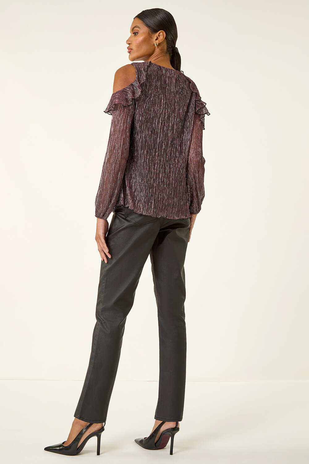 Pink Shimmer Cold Shoulder Plisse Top, Image 5 of 6
