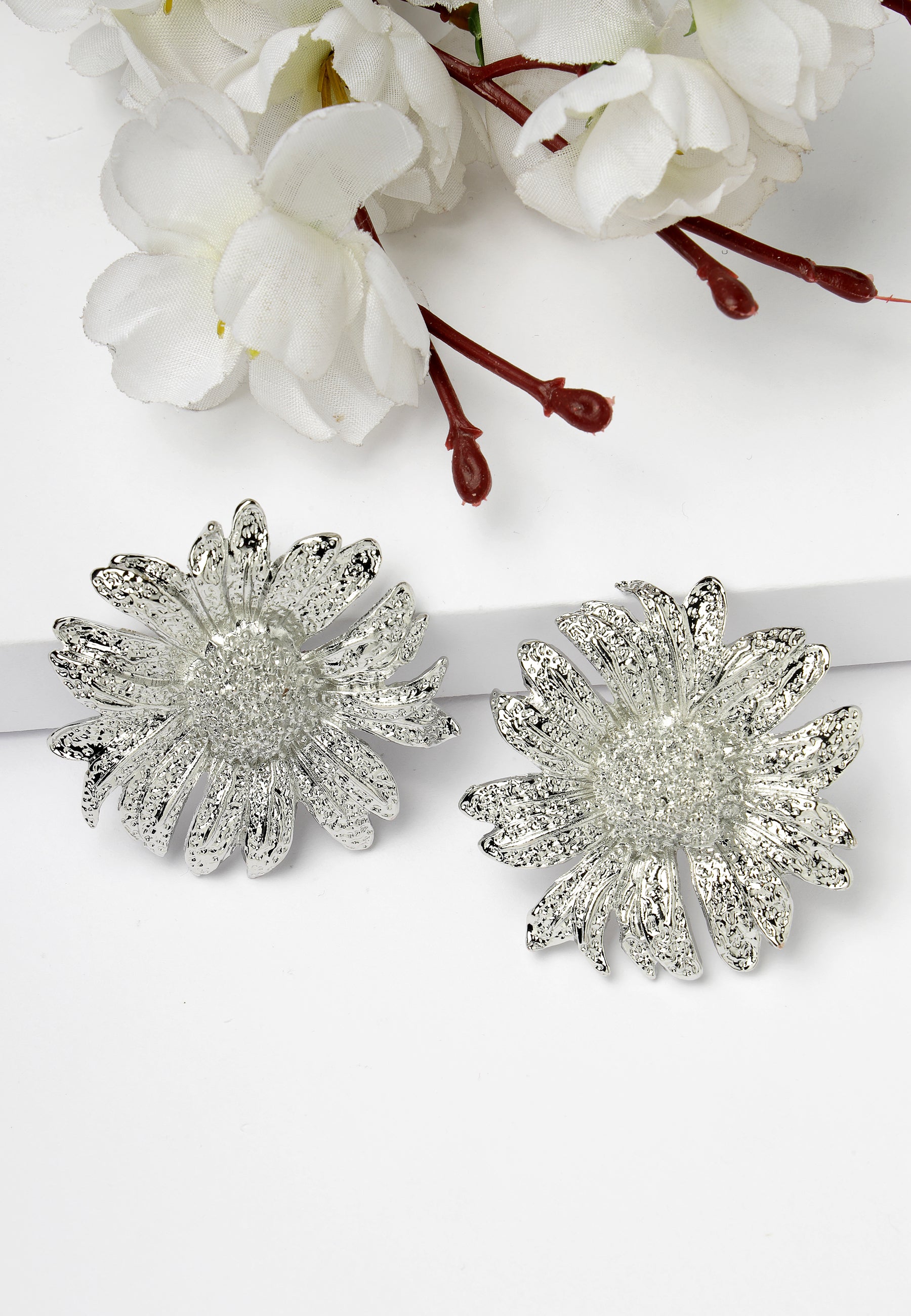 Silver Silver-Coloured Floral Stud Earrings, Image 2 of 5