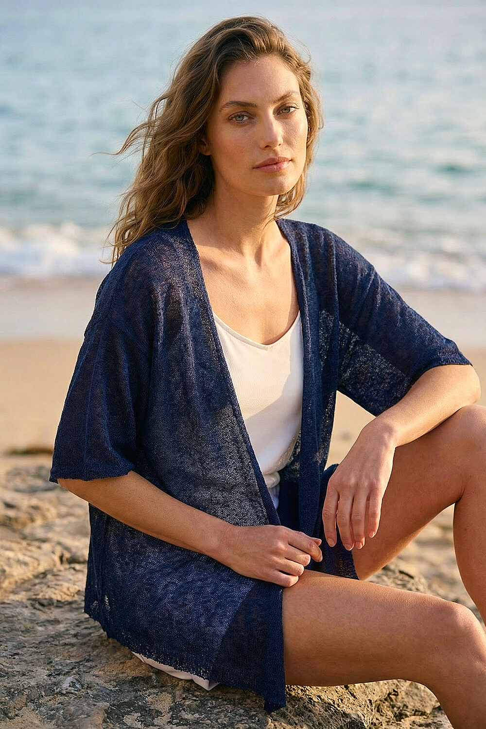Navy  Petite Textured Cardigan, Image 3 of 4