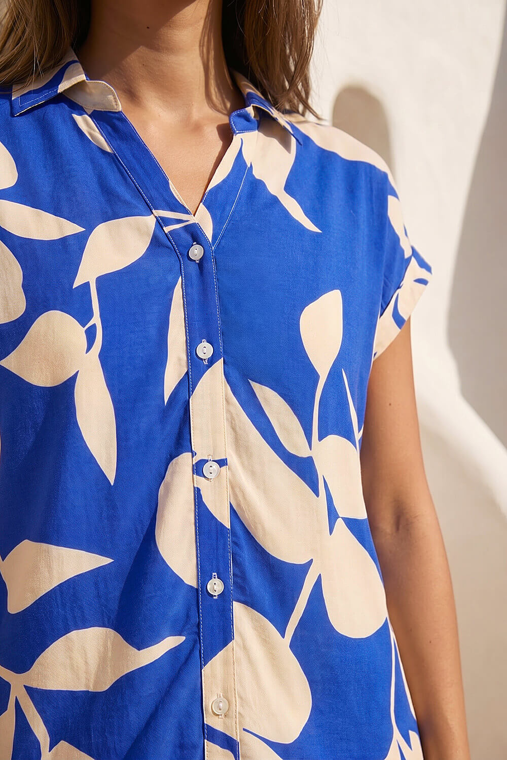 Royal Blue Floral Mono Print V-Neck Shirt, Image 5 of 4