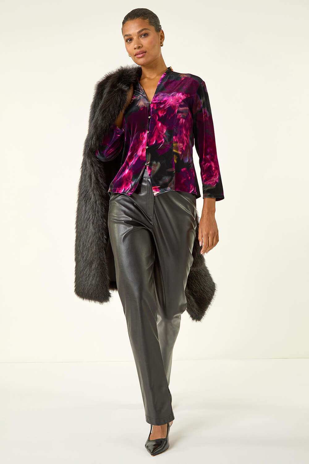 Pink Floral Velvet Stretch Top, Image 4 of 5