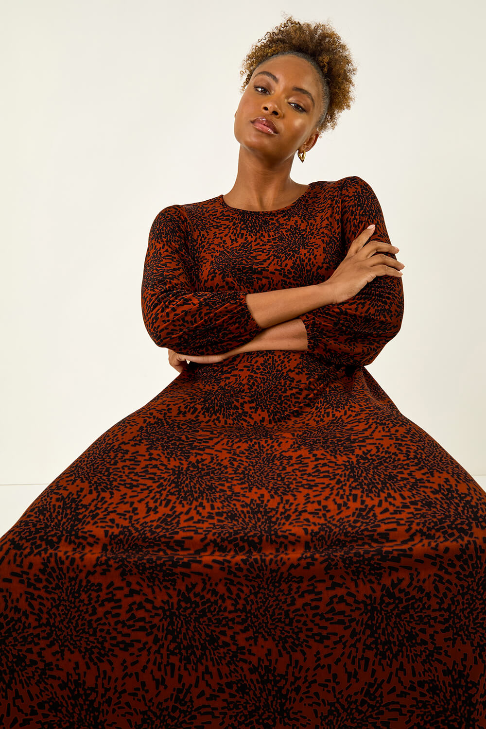 Rust Speckled A-Line Stretch Midi Dress, Image 3 of 5