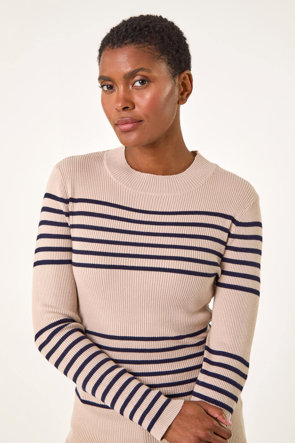 Camel  Stripe Ribbed Crew Jumper, Image 5 of 5
