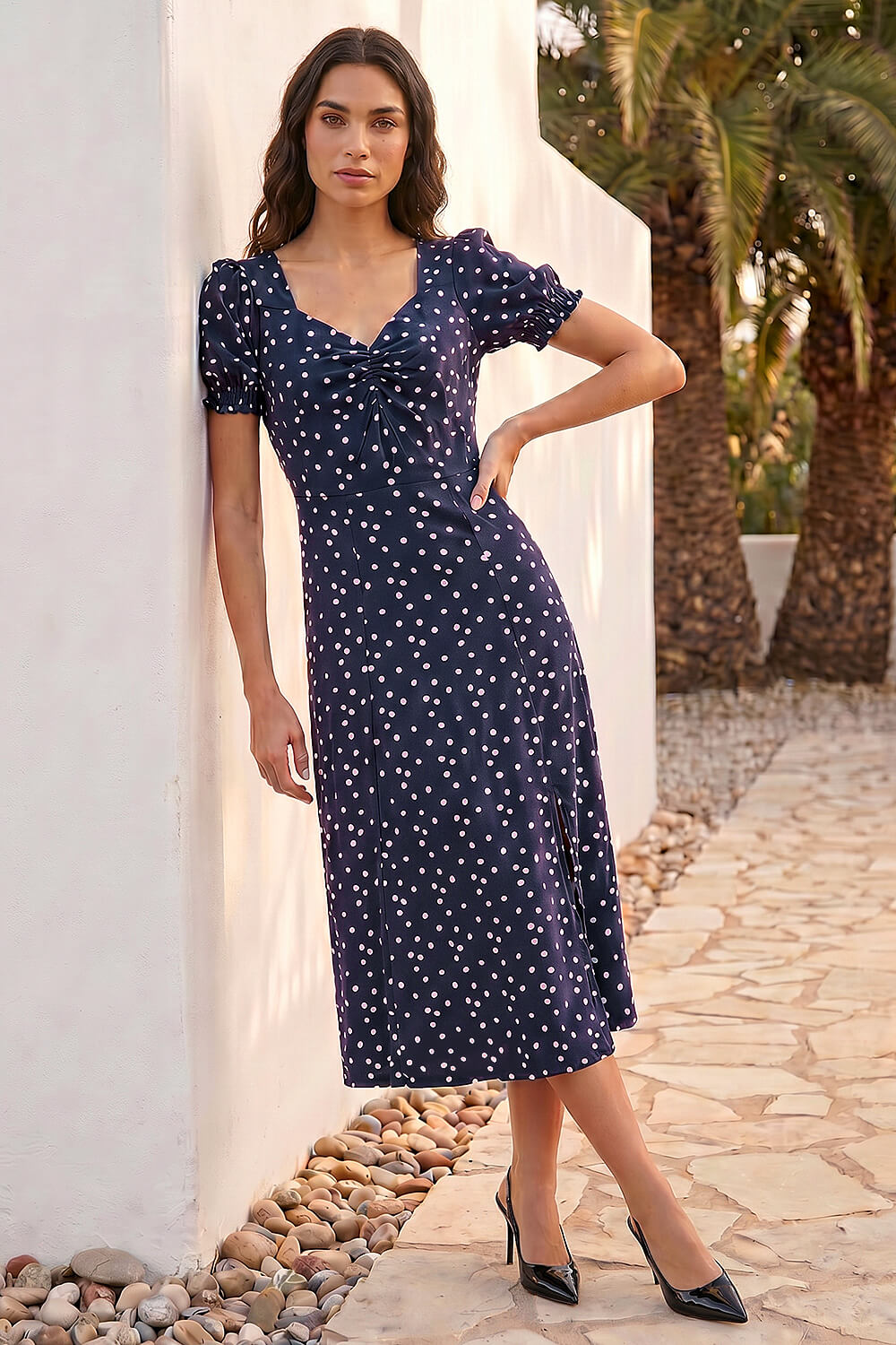 Navy  Polka Dot Sweetheart Neck Stretch Midi Dress, Image 3 of 4