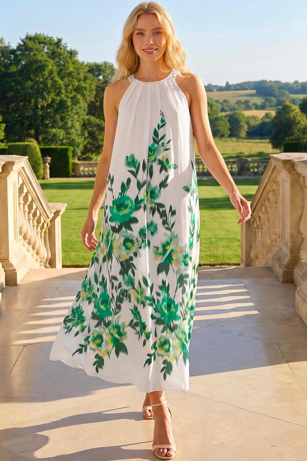 Green Floral Print Halter Neck Midi Dress, Image 3 of 4