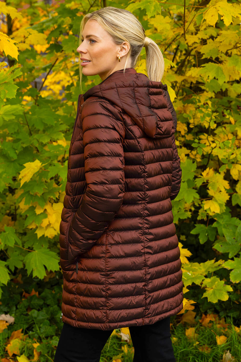 Chocolate Longline Quilted Hooded Puffer Coat, Image 5 of 6