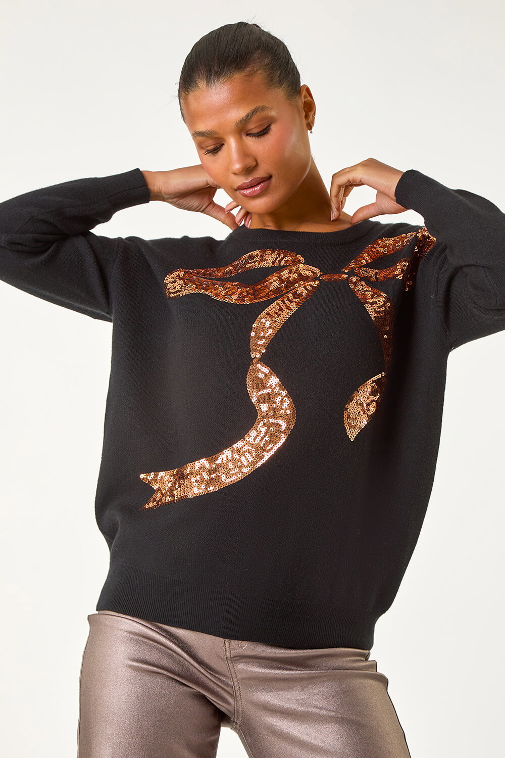 Black Bow Sequin Detail Knit Jumper, Image 5 of 5
