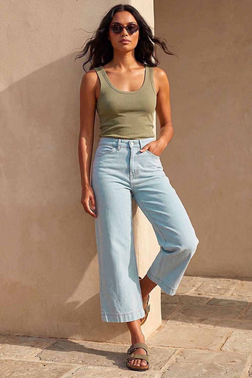Light Denim Wide Leg Stretch Denim Culottes, Image 1 of 4