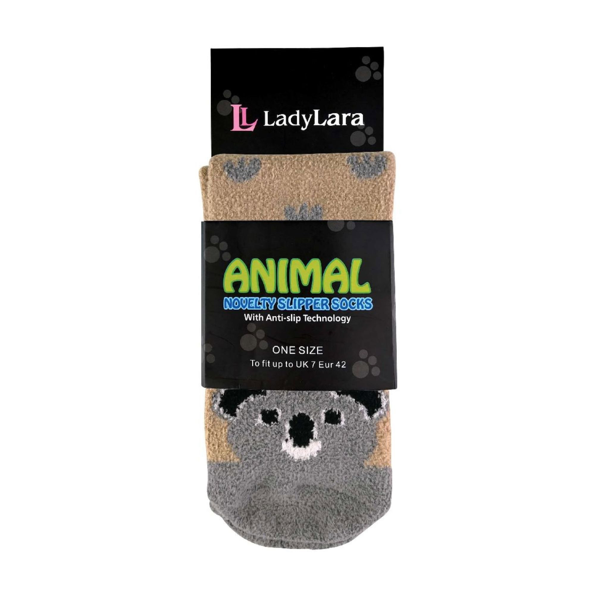 Beige 1 Pack Ladies Fluffy Animal Pattern Slipper Socks with Grips, Image 3 of 3