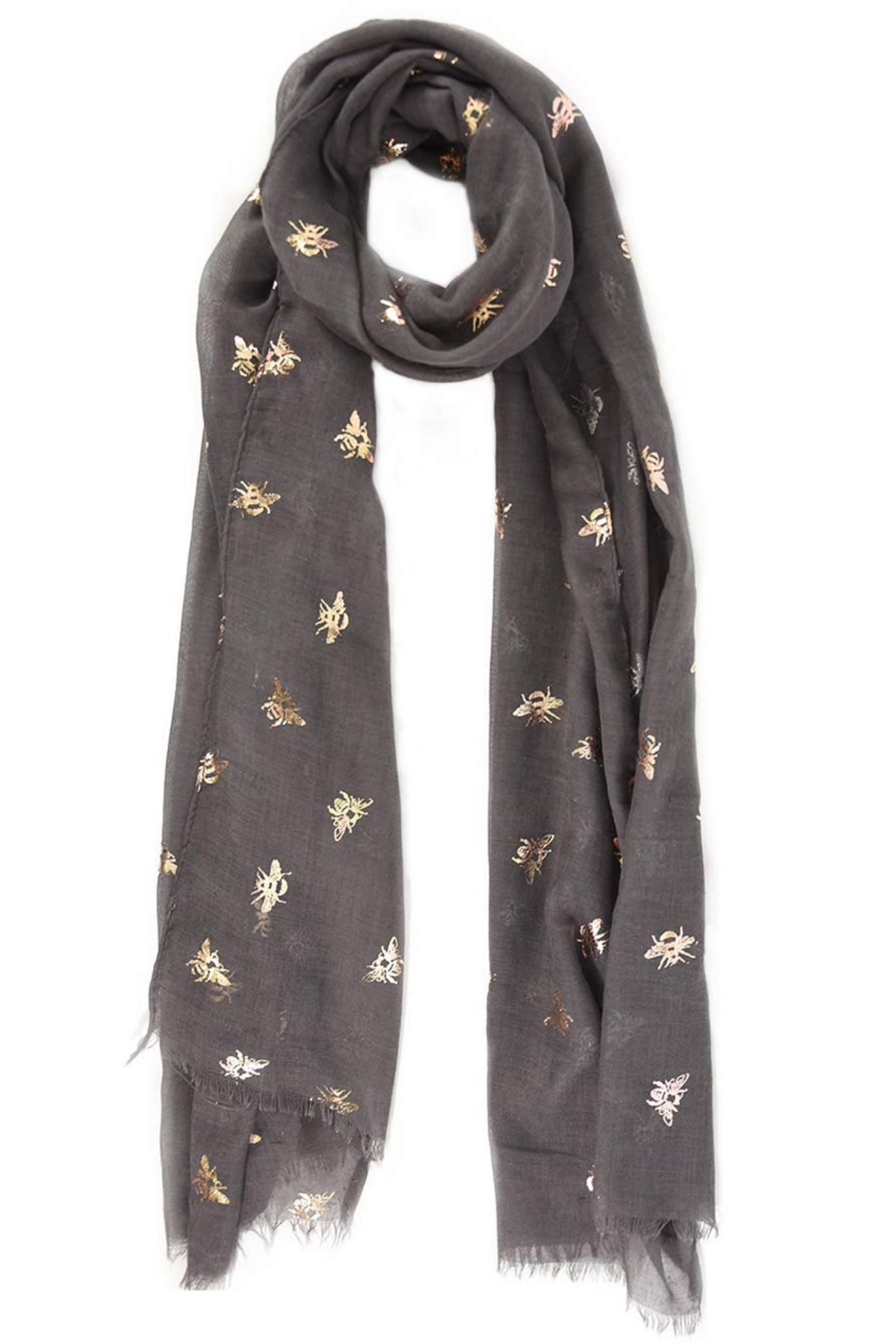 Dark Grey Sarta Dark Grey Bee Print Lightweight Foil Scarf, Image 2 of 3