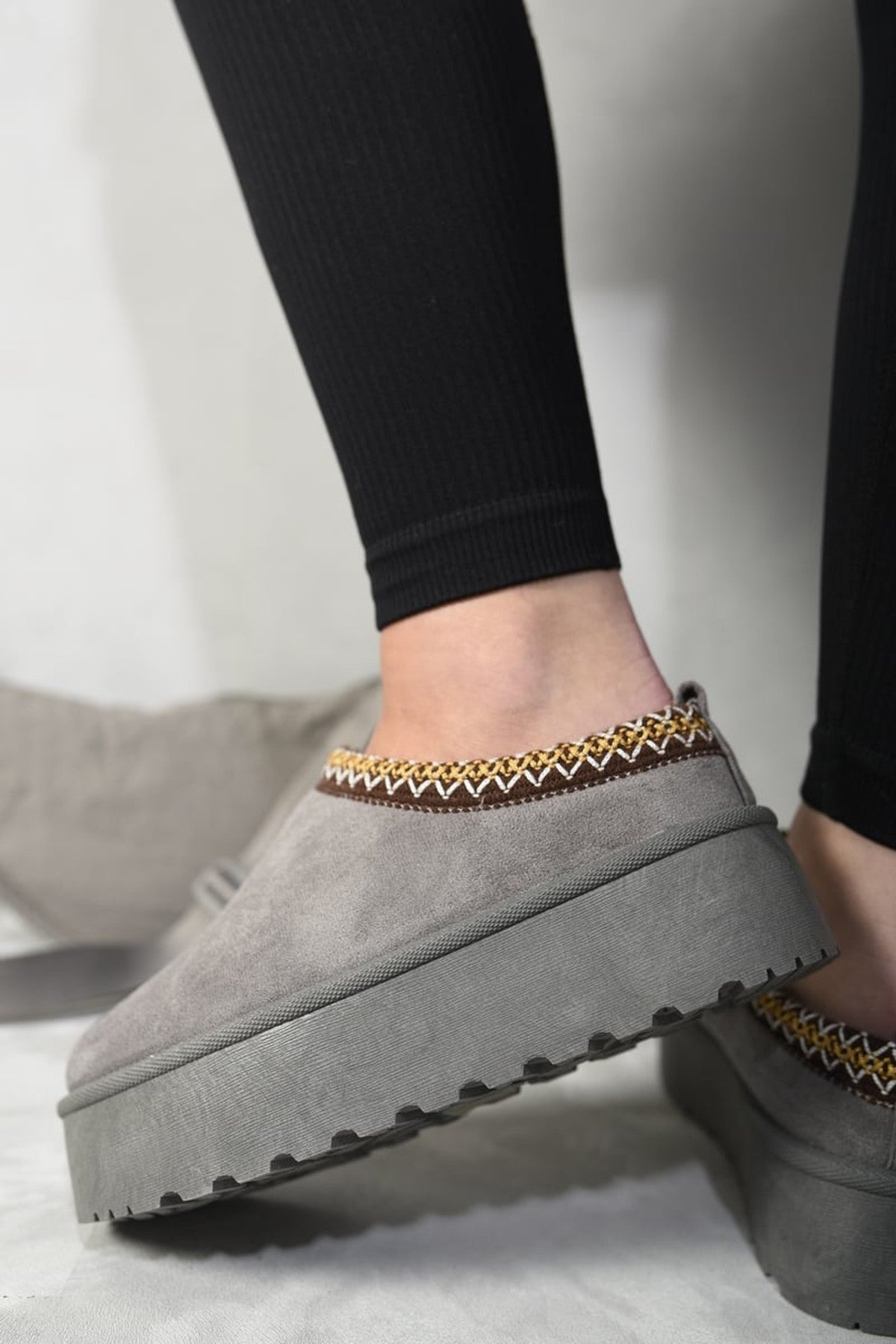 Grey iKrush Grey Jolene Aztec Detail Low Ankle Platform Slipper Boots, Image 8 of 8