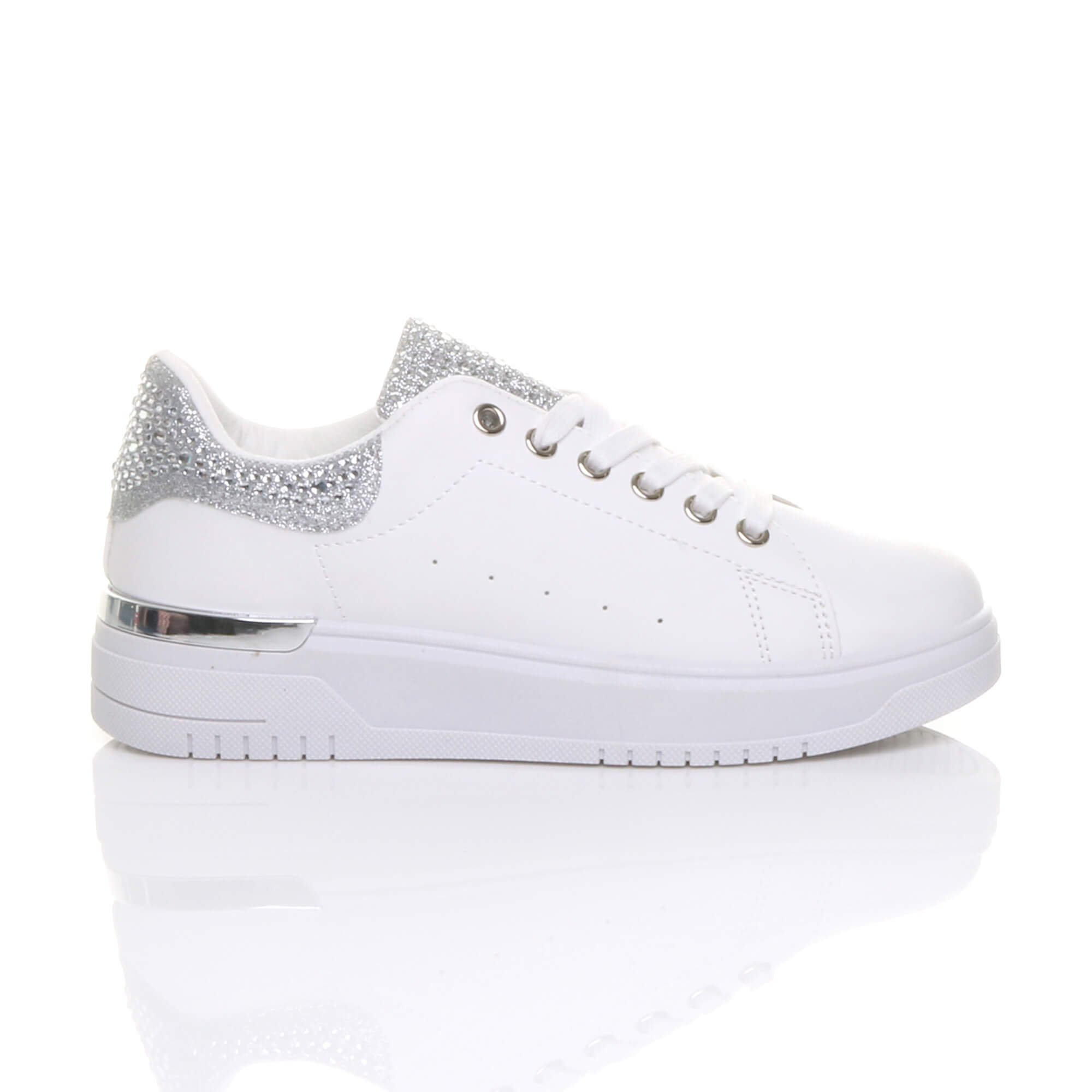 White AJVANI White Flat Chunky Diamante Sparkly Trainers, Image 2 of 6