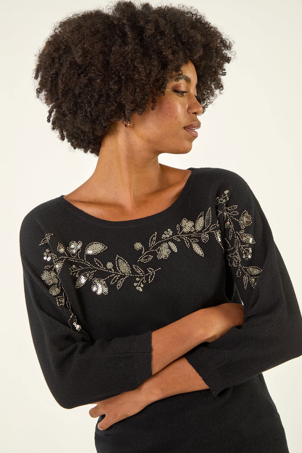 Black Embellished Floral Sequin Knit Jumper, Image 1 of 5