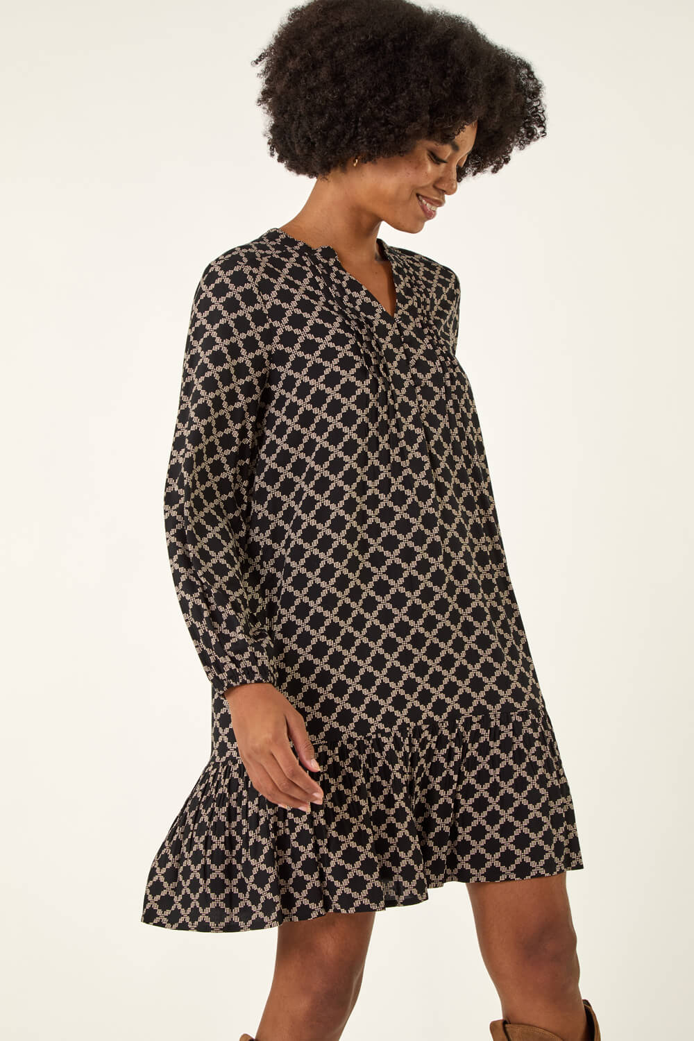 Black Geo Print Pintuck Smock Dress, Image 5 of 5