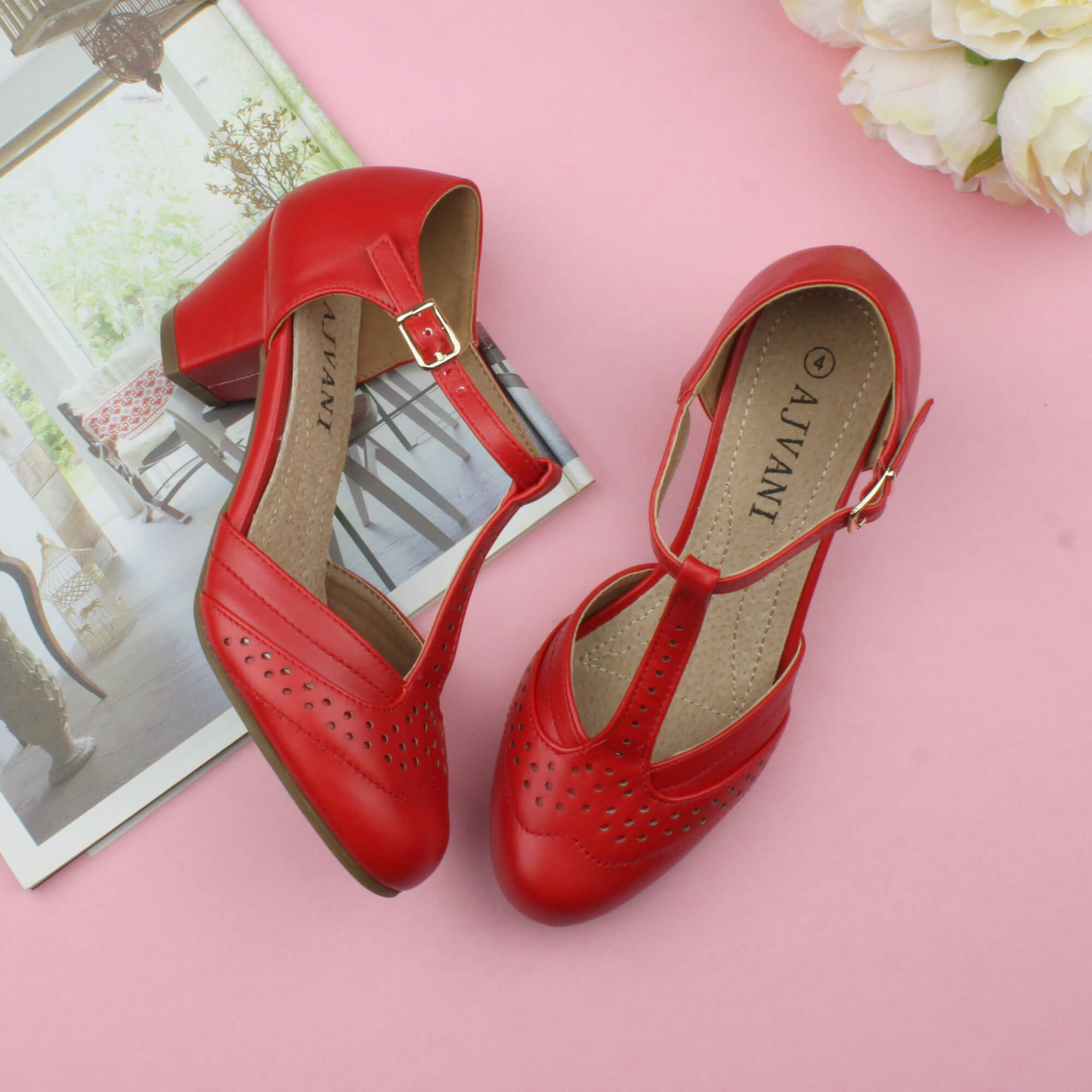 Red Mid Heel Comfort T-Bar Brogue Heels, Image 4 of 6