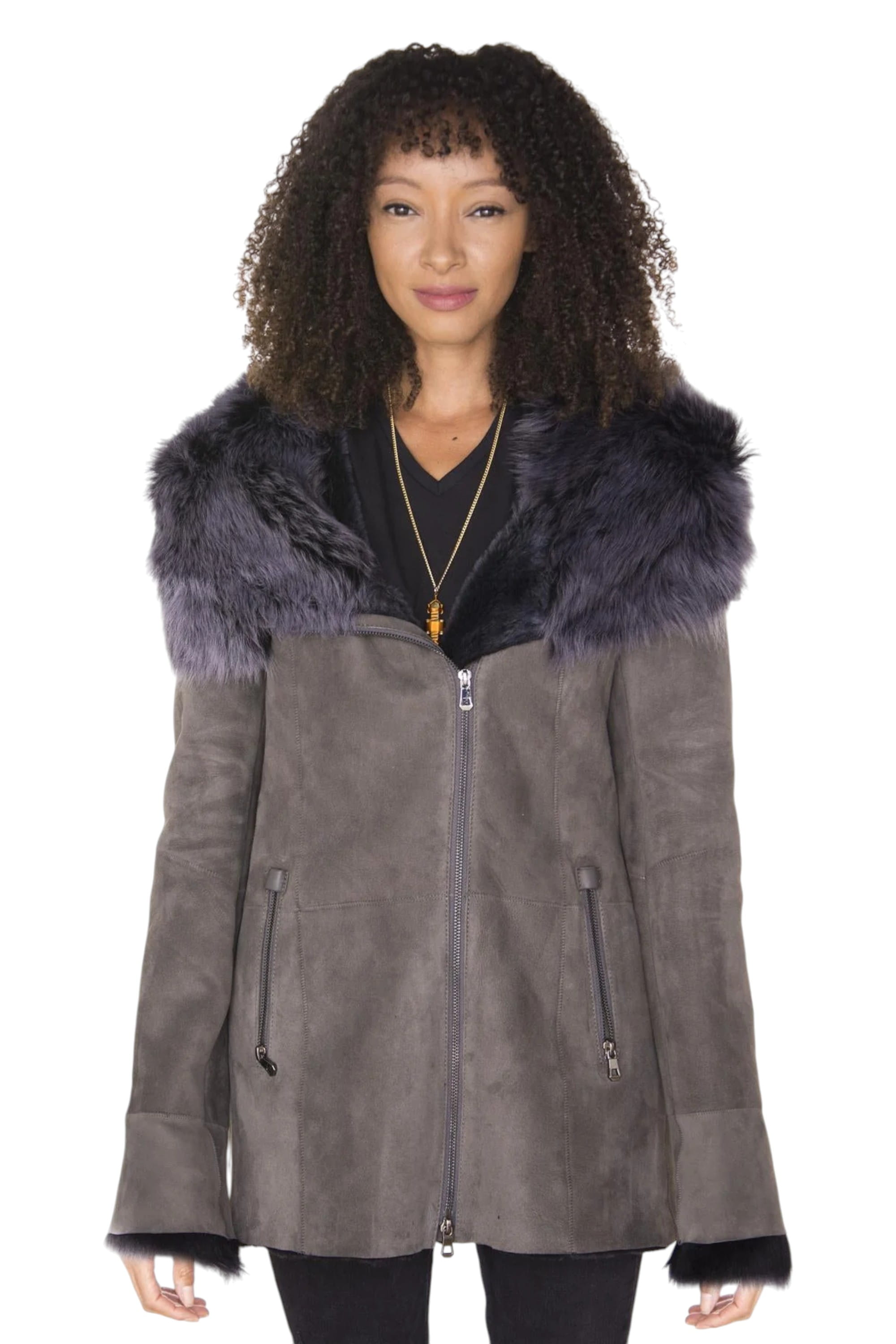 Grey Hooded Merino Sheepskin Coat-Monrovia, Image 1 of 5