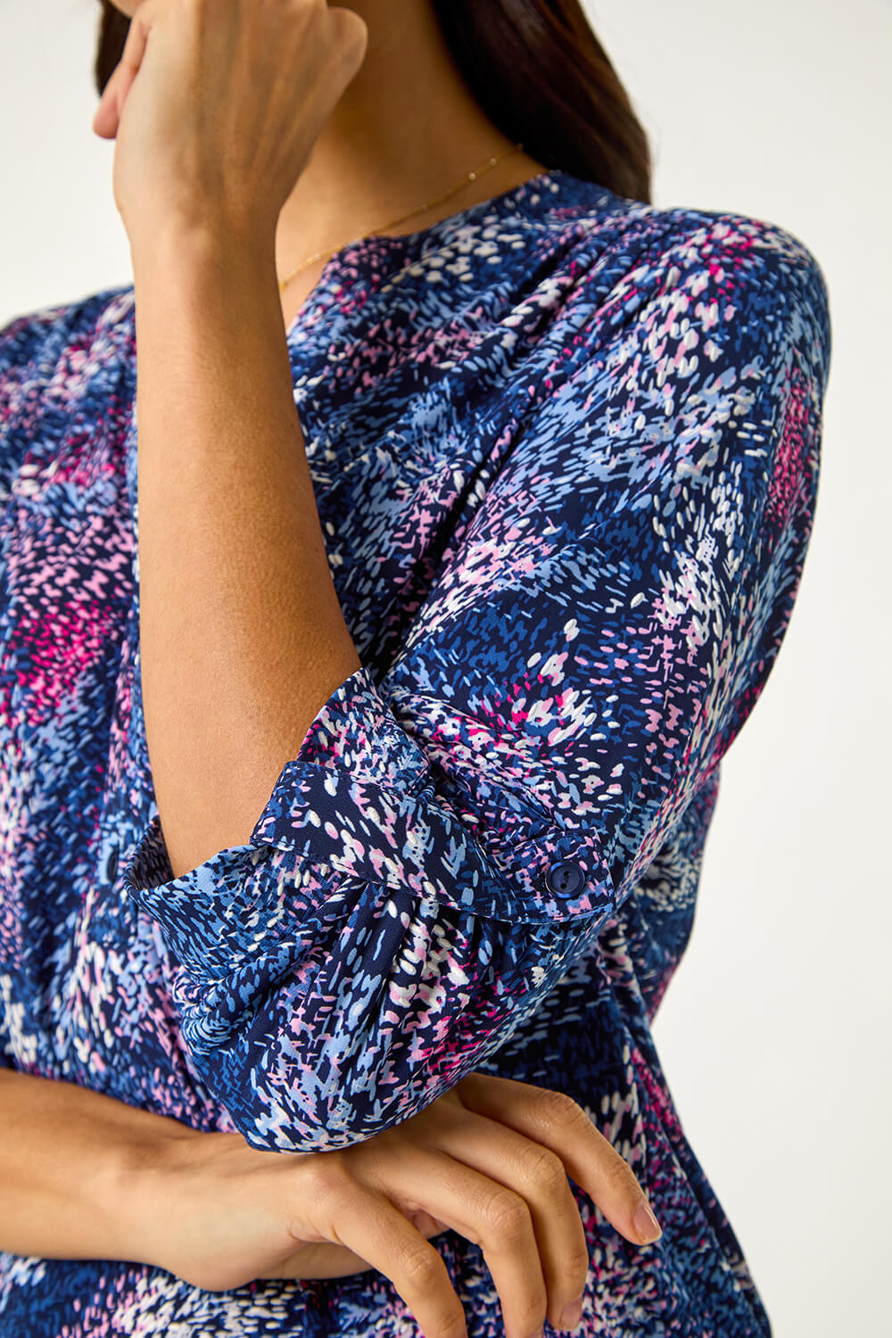 PINK Textured Abstract Print V-Neck Stretch Top, Image 6 of 5
