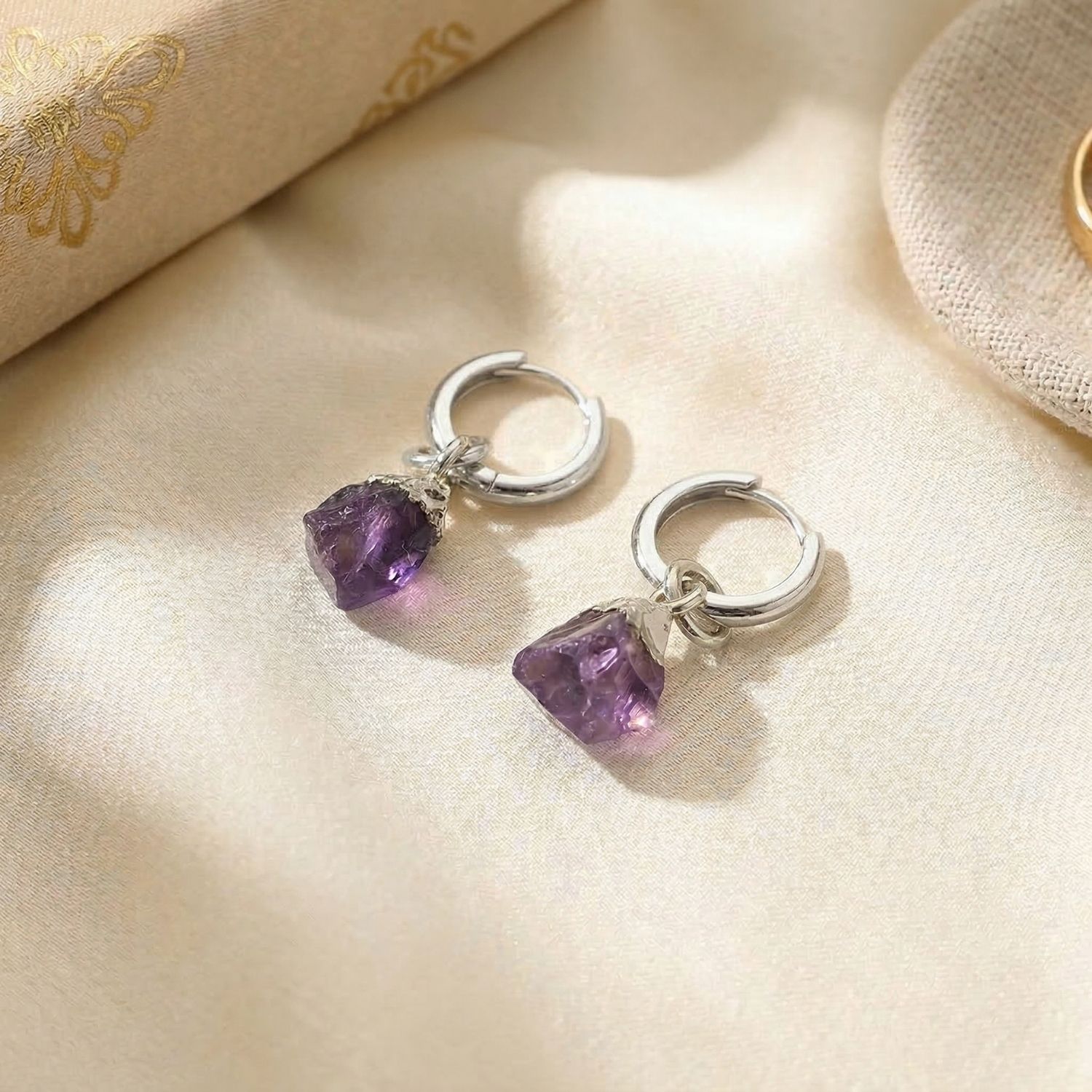 Purple Raw Amethyst February Birthstone Sterling Silver Huggies