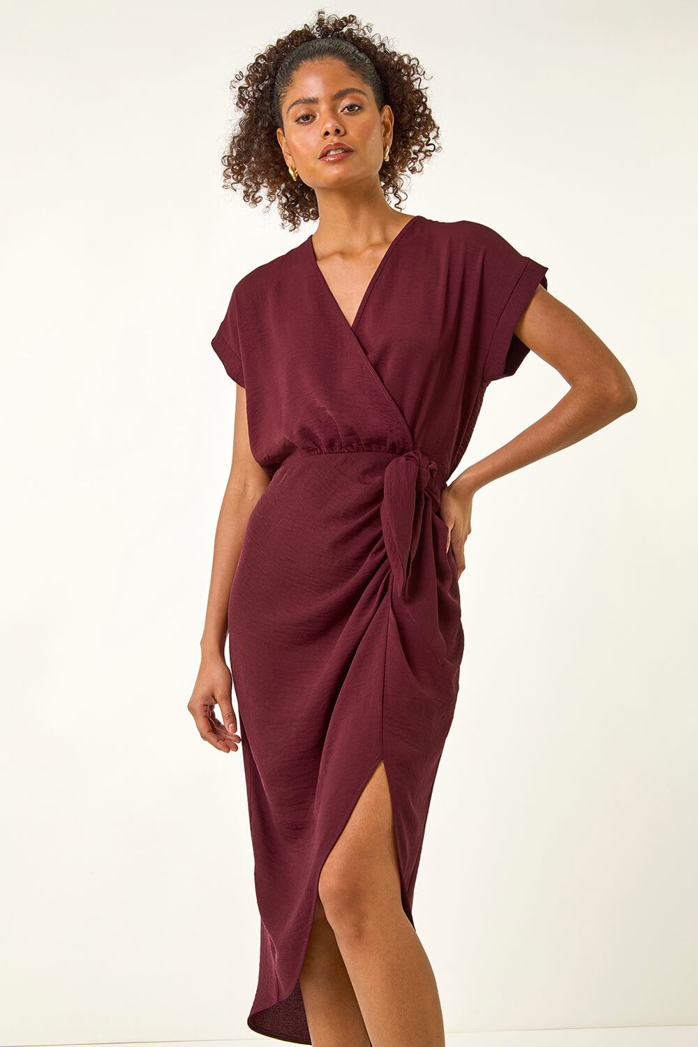 Wine Dusk Wrap Tie Detail Dress, Image 3 of 5