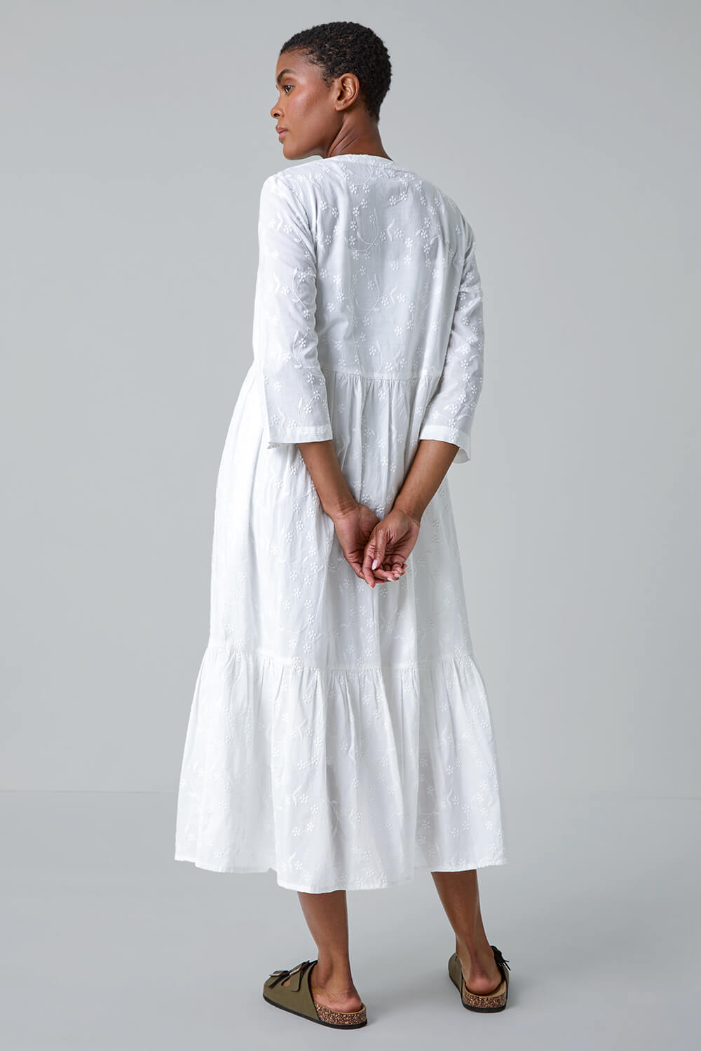 Women White Dobby Tiered Midi Dress