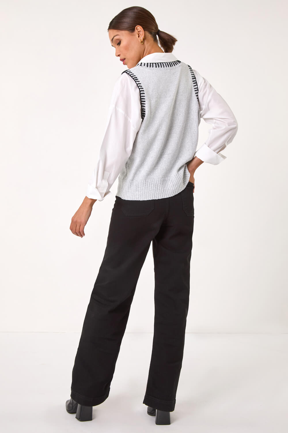 Grey Contrast Stitch Knit Top, Image 4 of 5