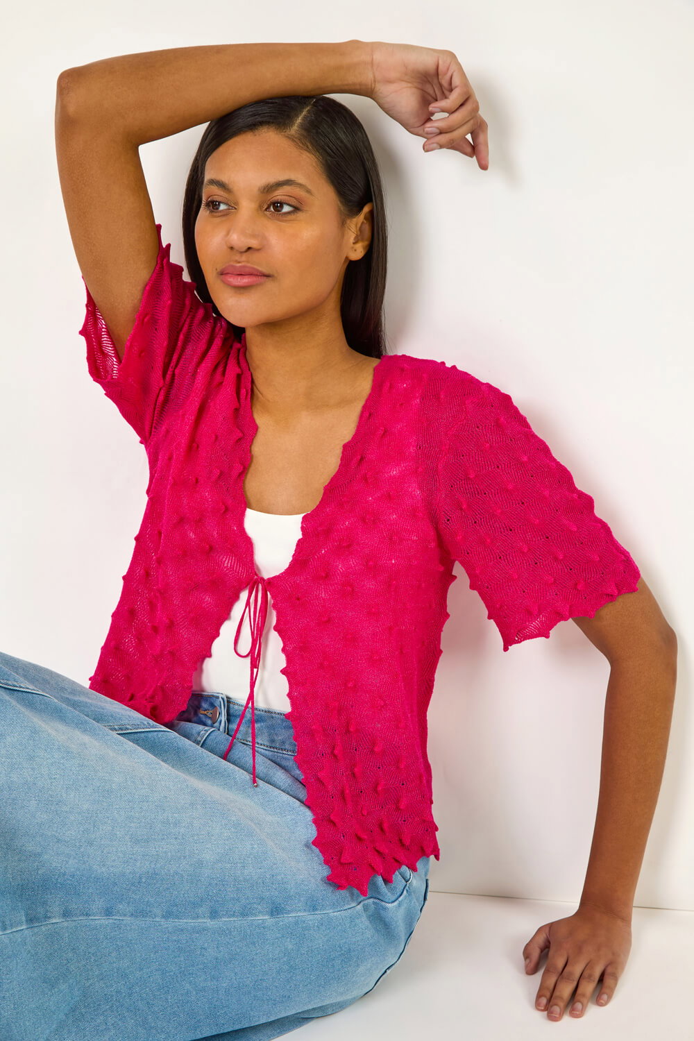 Roman Women's Cerise Textured Tie Front Shrug Size 16
