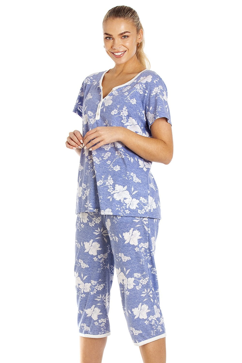 Light Blue Camille Lingerie Light Blue Lightweight Floral Capri Pyjama Set, Image 2 of 5