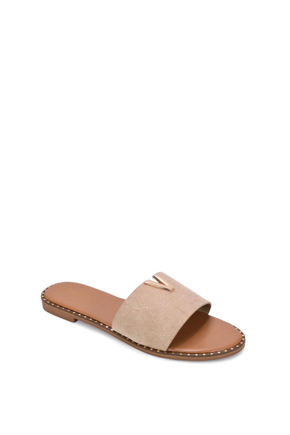 Taupe XY LONDON Taupe 'Rorie' Slip On Cut Out Flat Sandal Sliders, Image 2 of 6