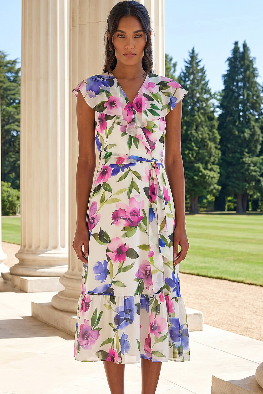 White Floral Frill Wrap Midi Dress, Image 3 of 4
