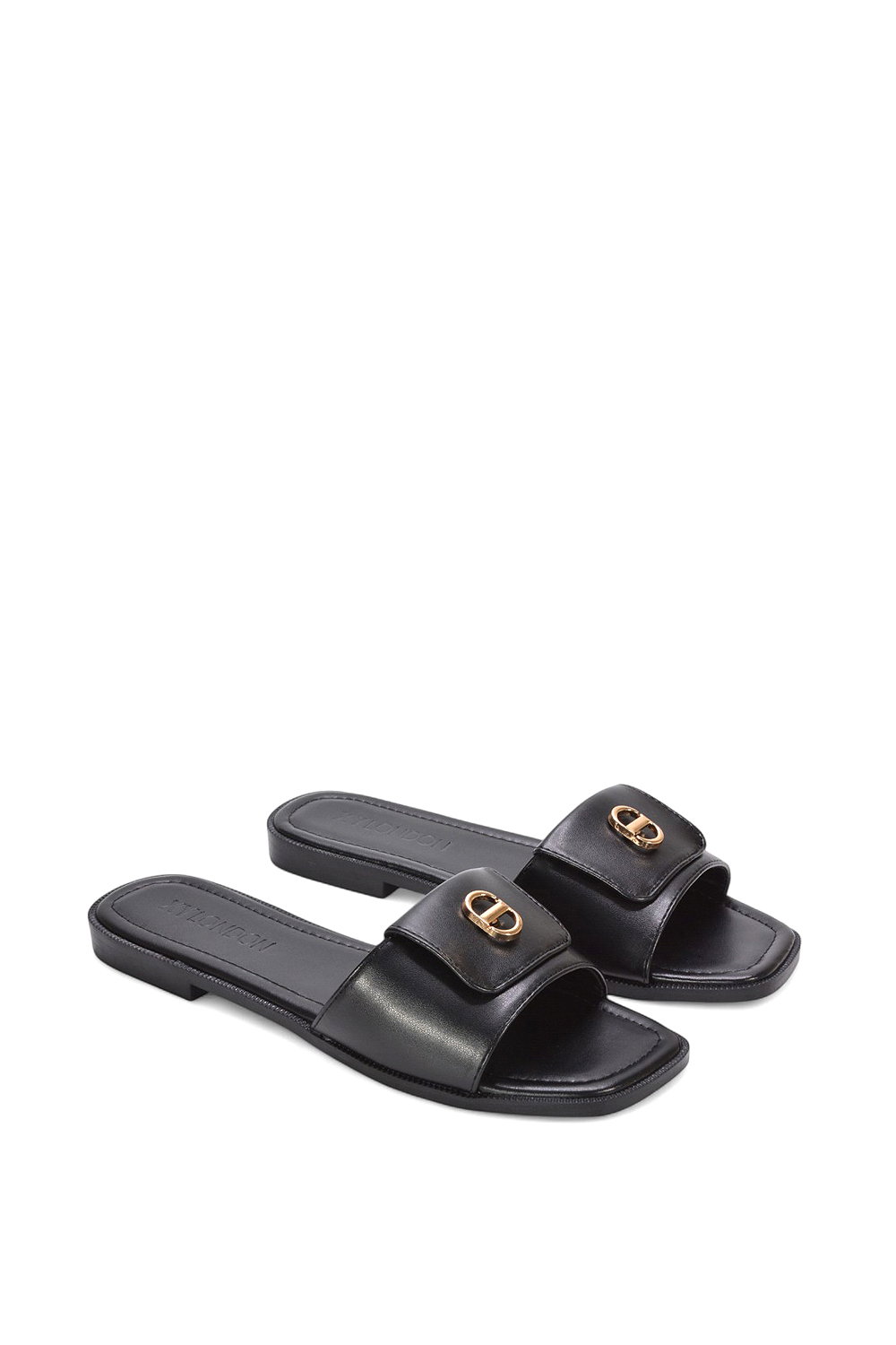 Black XY LONDON Black 'Leigh' Open Toe Foldover Buckle Slip On Flat Slider Mules, Image 4 of 5