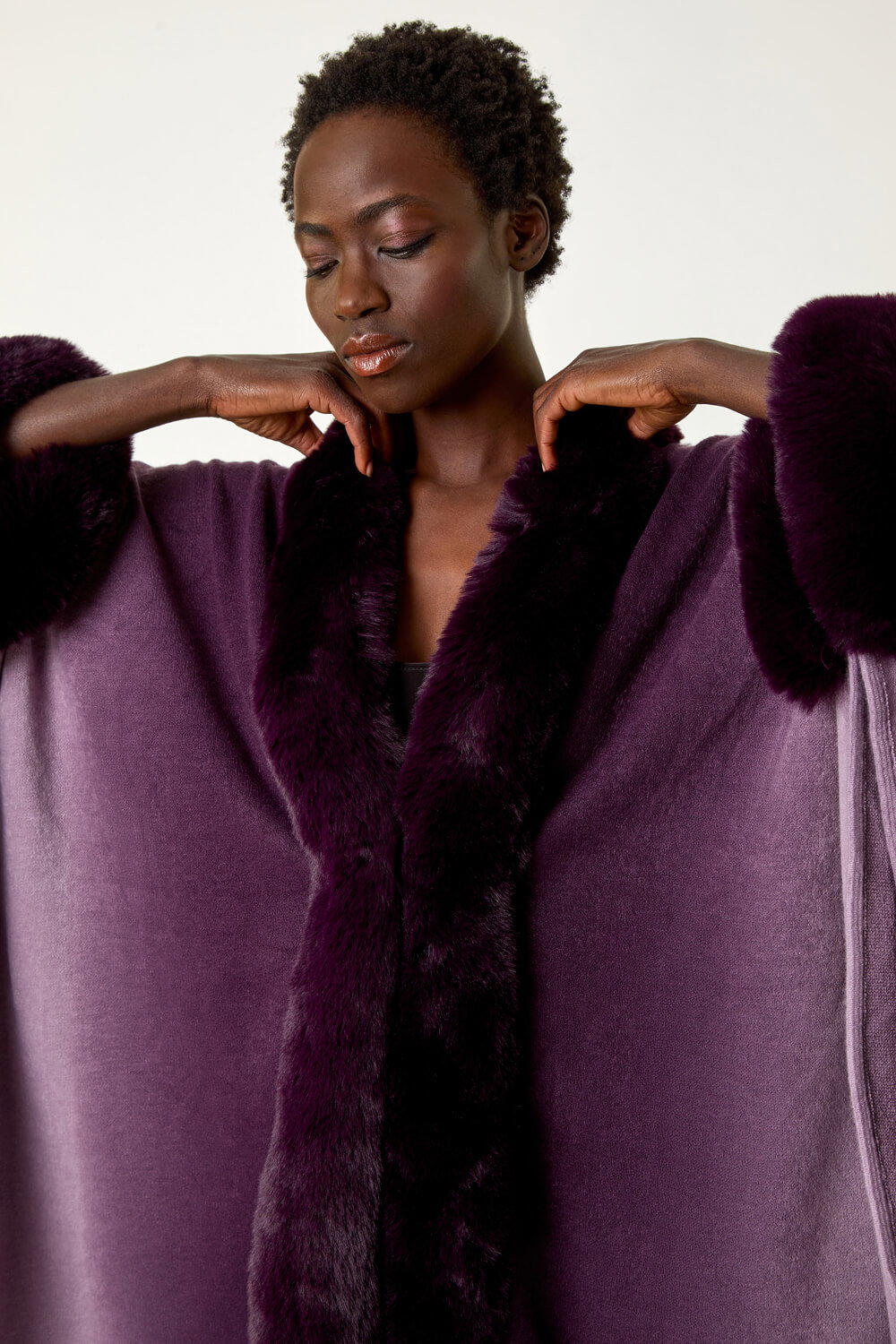 Purple Dip Dye Faux Fur Trim Cape, Image 5 of 5