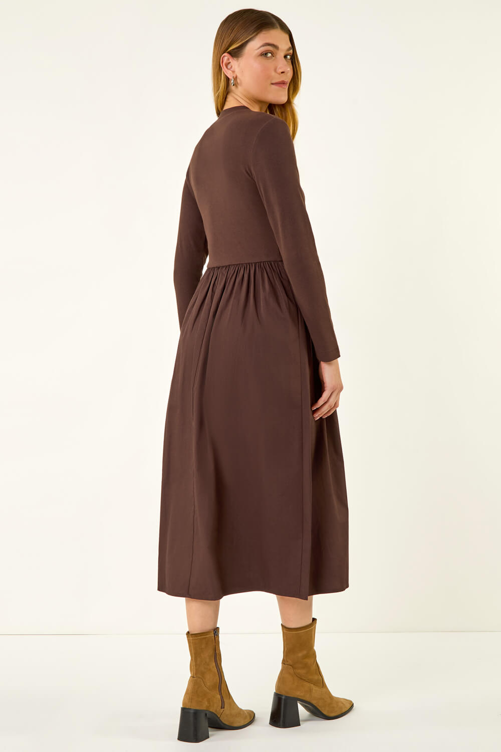 Coffee Cotton Stretch Jersey Mix Midi Dress, Image 4 of 5
