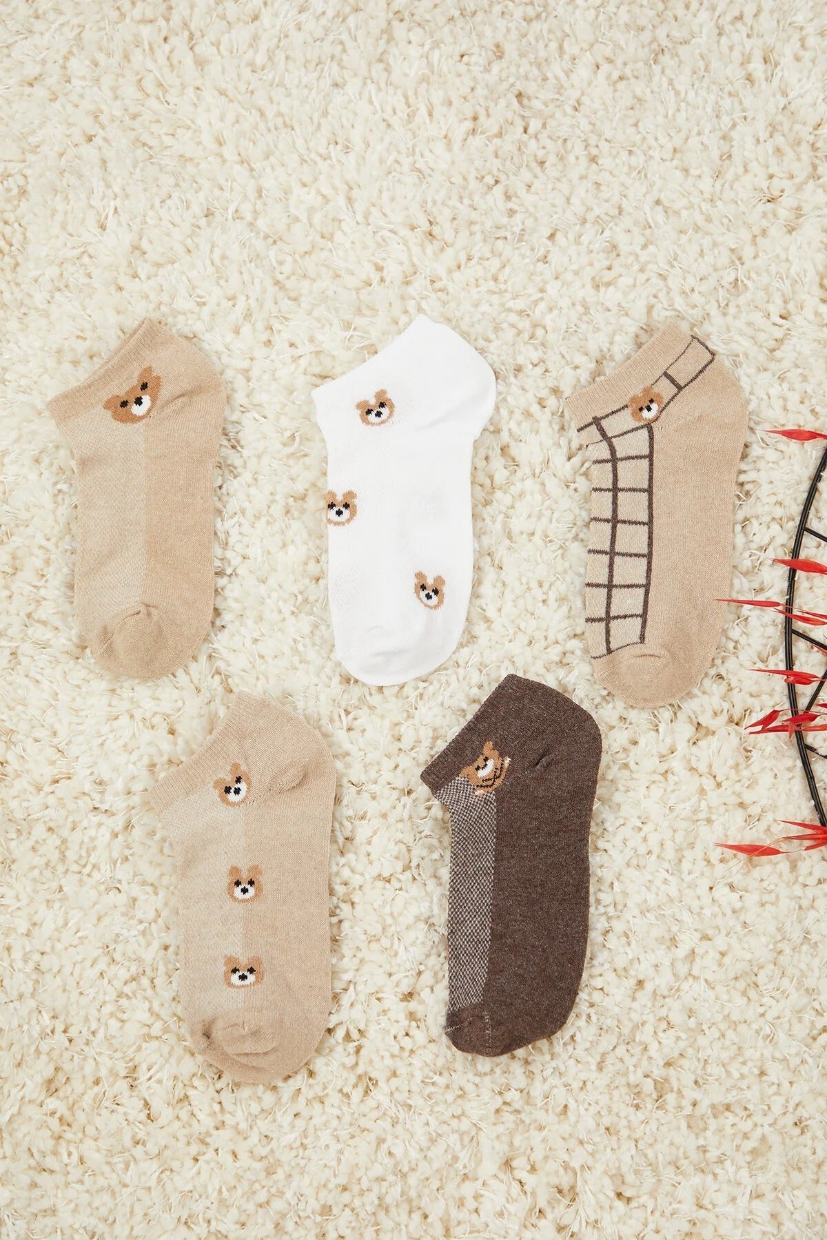 Multi 5 Pack Teddy Bear Knit Ankle Socks, Image 1 of 1