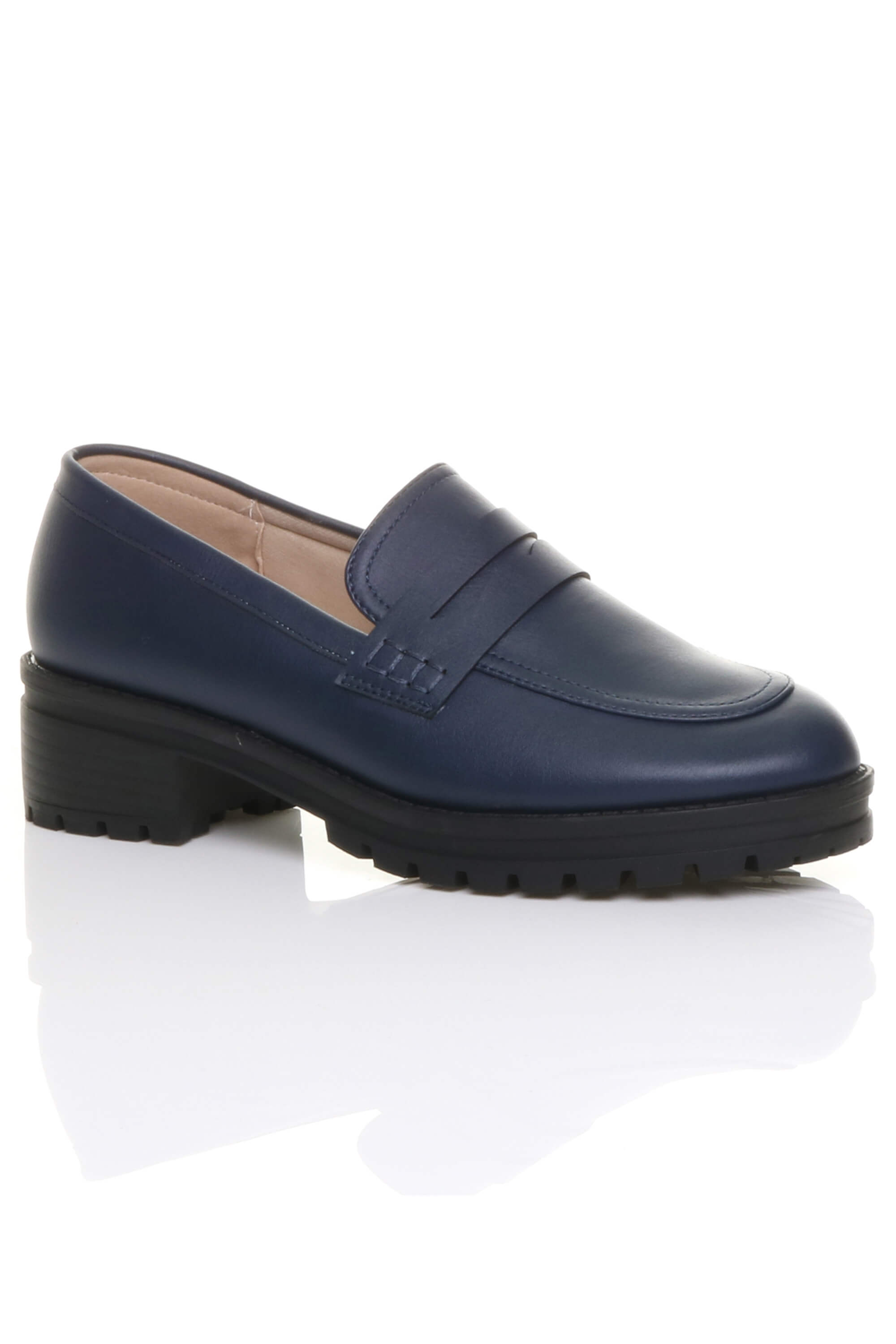 Navy Blue Flat Chunky Heeled Penny Loafers, Image 1 of 5