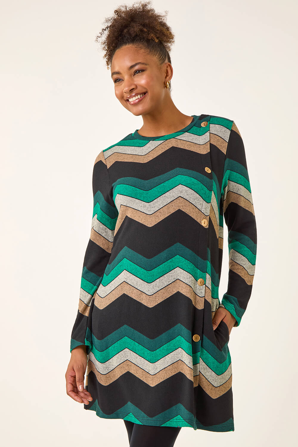Green Zig Zag Side Button Dress, Image 3 of 5