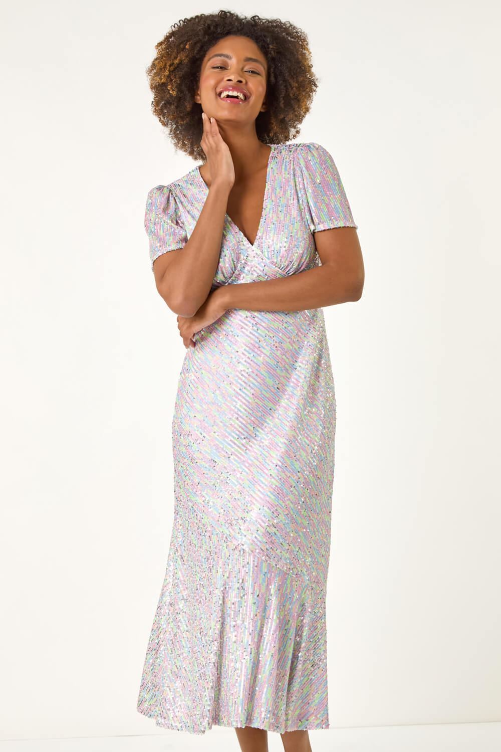 Silver Sequin Frill Hem Midi Dress, Image 5 of 5