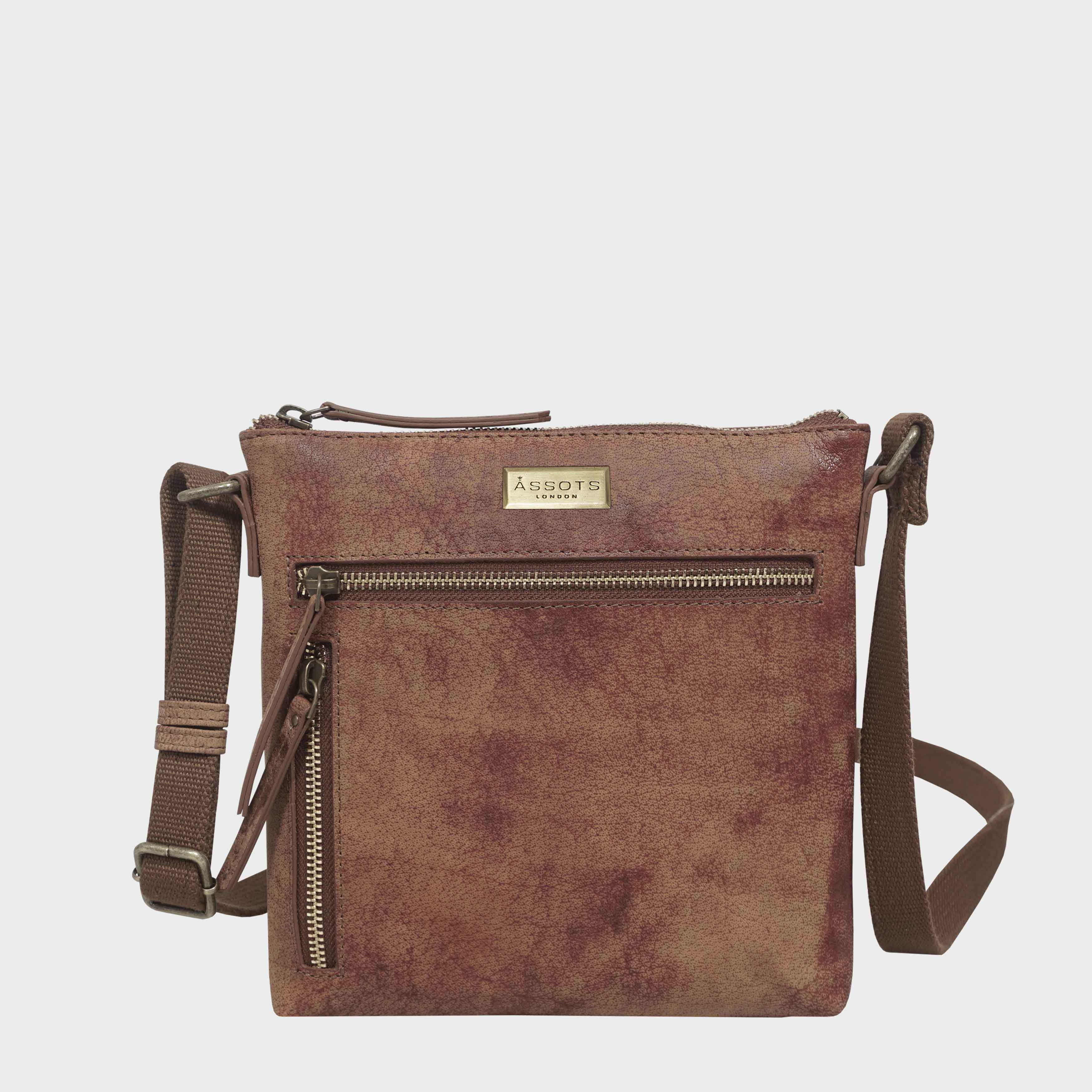 Tan 'RUE' Distressed Real Leather Crossbody Bag, Image 1 of 4