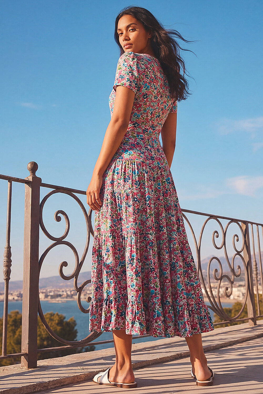 Pink Floral Ruched Midi Dress, Image 4 of 4