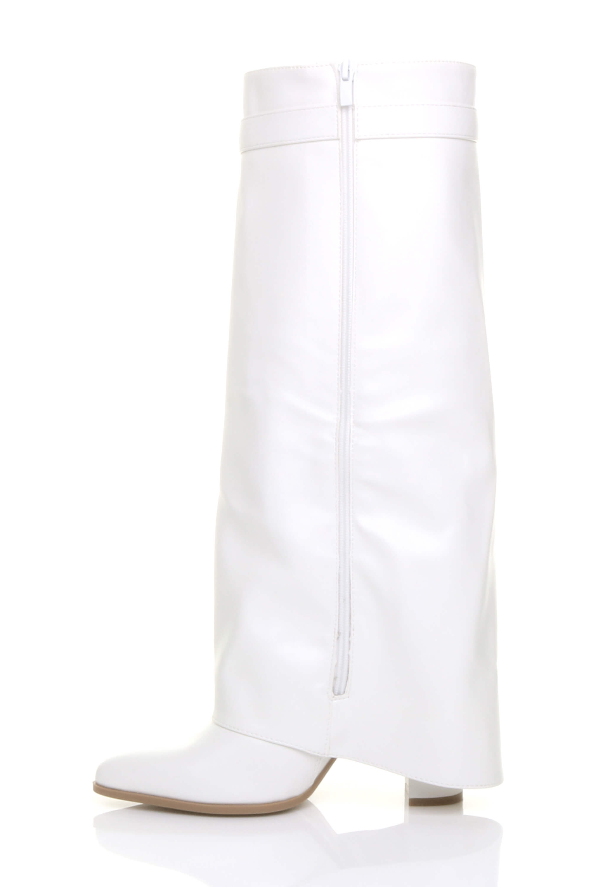 White AJVANI White High Block Heel Pointed Toe Fold Over Knee Boots, Image 3 of 4