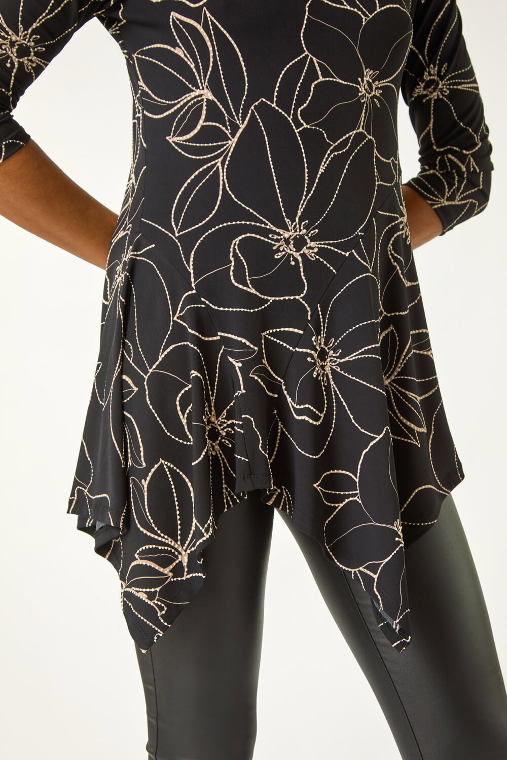 Tan Floral Textured Asymmetric Tunic Top, Image 6 of 5